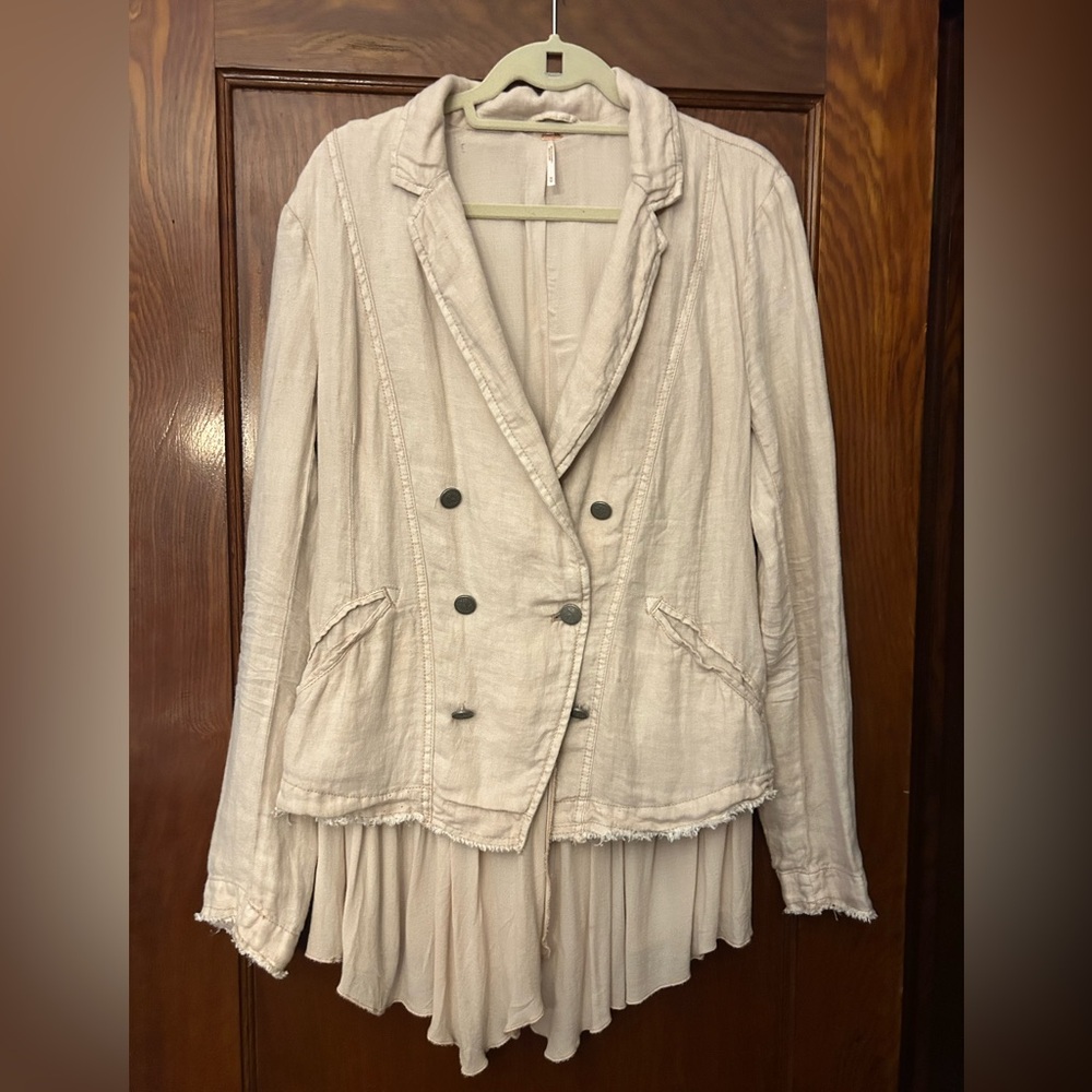 Free People Linen Layered Ruffles Blazer Jacket in Dusty Fig Cream Medium NWOT - Picture 6 of 11